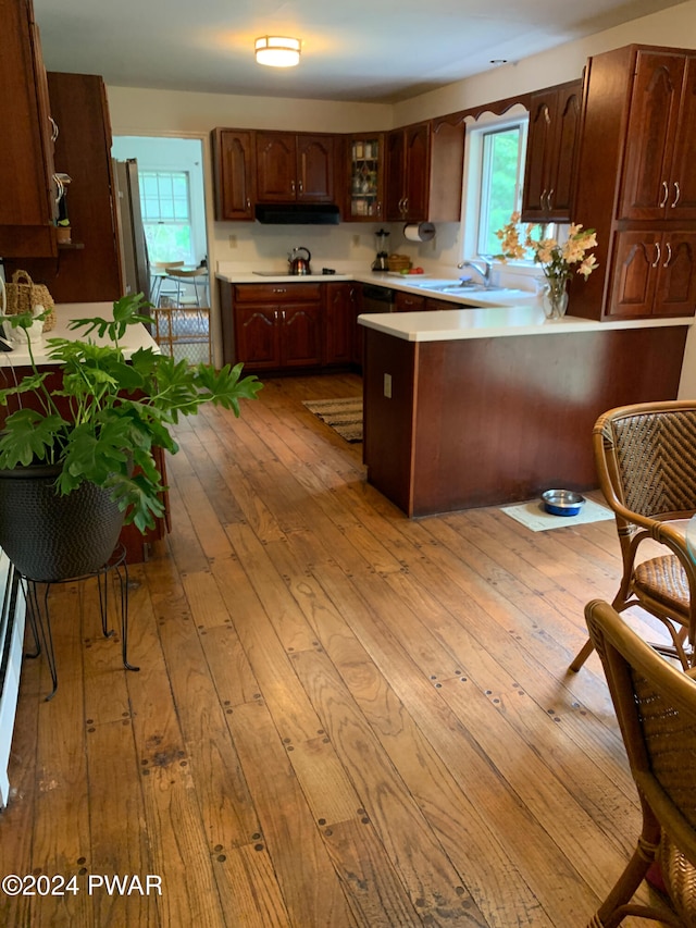 kitchen with kitchen peninsula, a wealth of natural light, sink, and light wood-type flooring