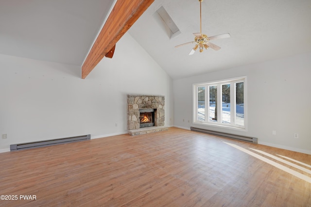 unfurnished living room featuring beam ceiling, ceiling fan, a baseboard heating unit, and a fireplace