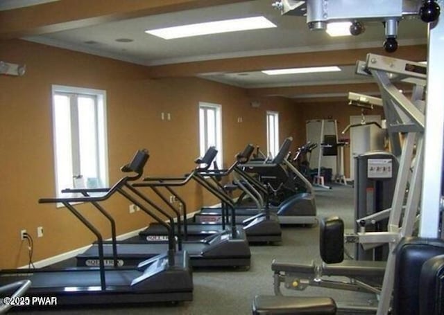 gym featuring baseboards and crown molding