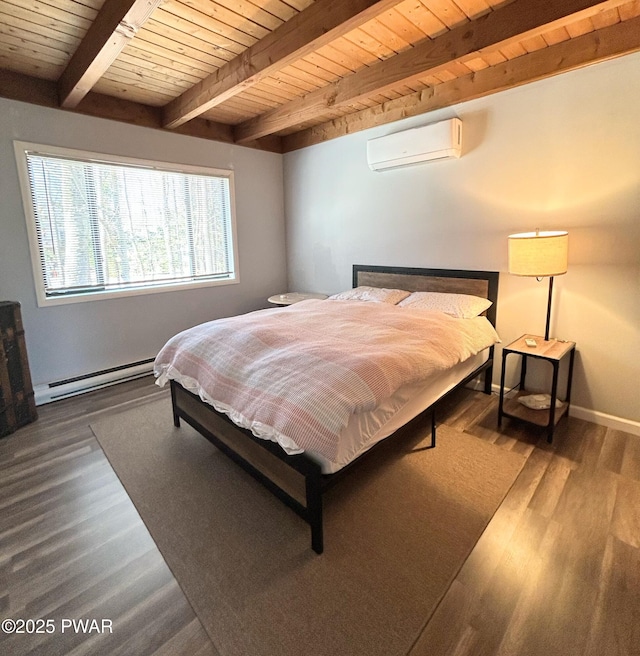 bedroom with wooden ceiling, wood finished floors, a wall mounted AC, and a baseboard radiator