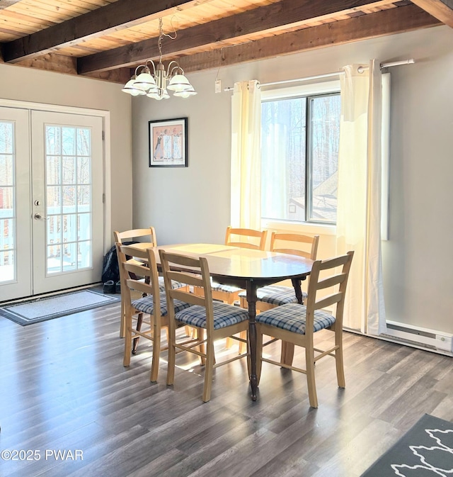 dining area featuring a notable chandelier, a healthy amount of sunlight, wood ceiling, and wood finished floors