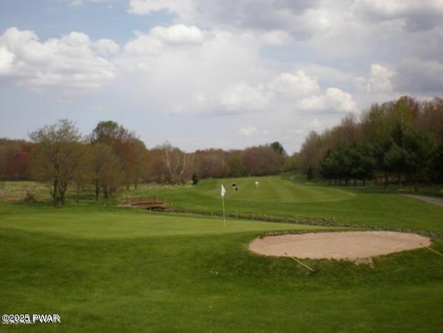 view of property's community with a yard and view of golf course