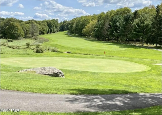 surrounding community featuring a lawn and view of golf course