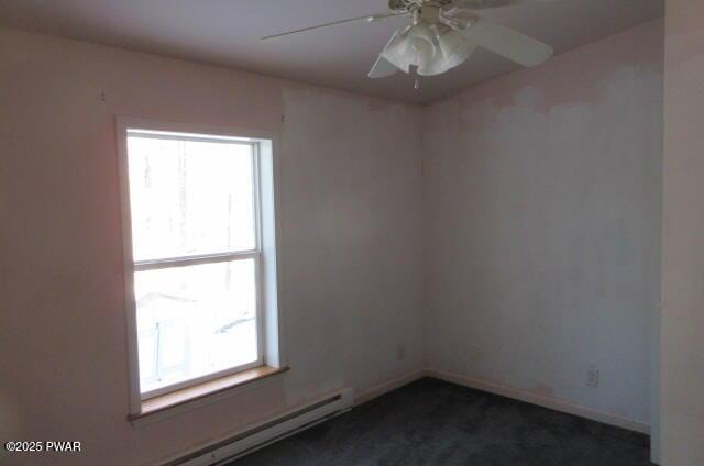 unfurnished room featuring ceiling fan and a baseboard radiator