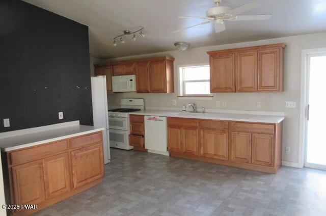 kitchen featuring sink, white appliances, and ceiling fan