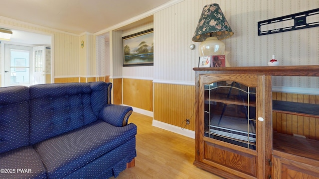 10 Kane Rd, Starlight, PA 18461 - living area featuring wood finished floors, wainscoting, wallpapered walls, ornamental molding, and wood walls