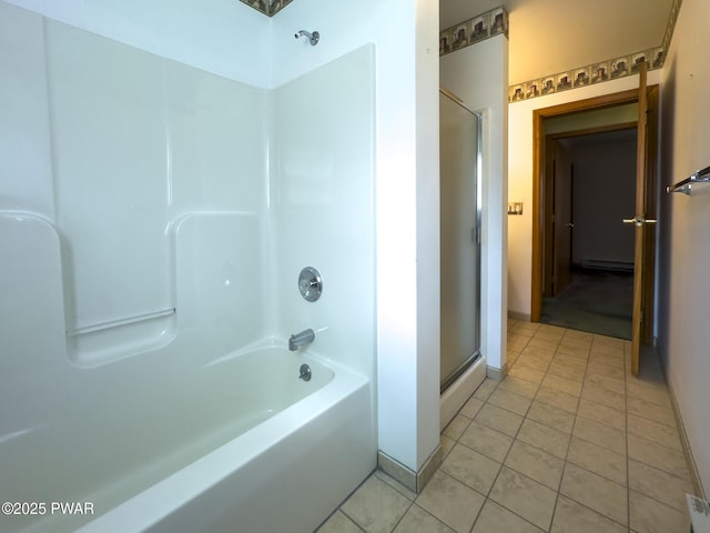 full bathroom with a tub to relax in, baseboard heating, tile patterned flooring, and an enclosed shower