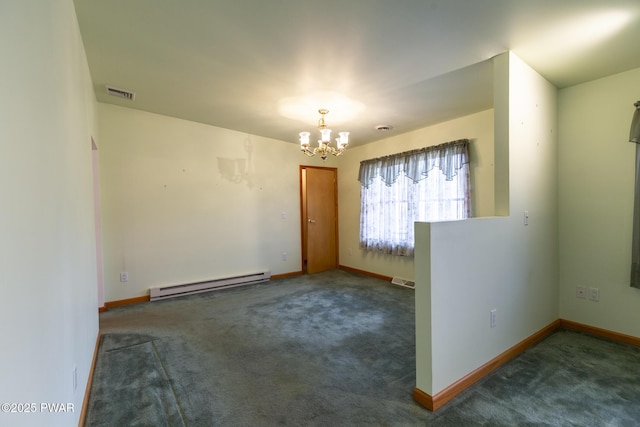 empty room with a chandelier, carpet, visible vents, and baseboard heating