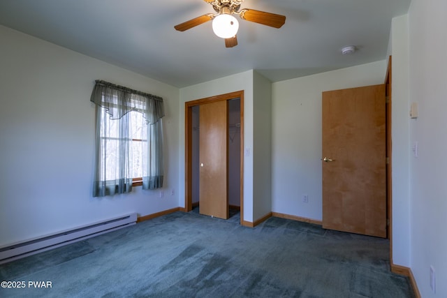 unfurnished bedroom featuring baseboards, a ceiling fan, carpet, a baseboard heating unit, and a closet