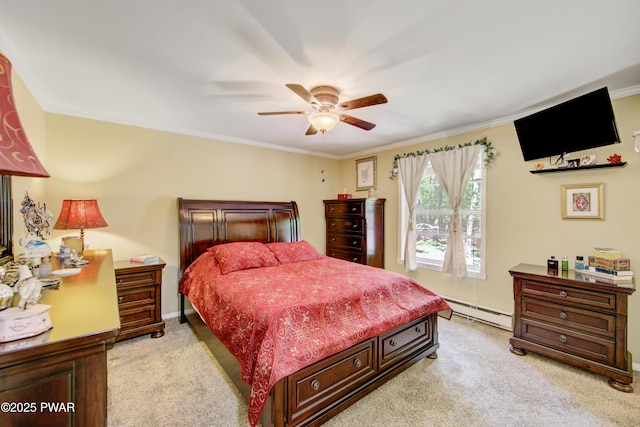 226 Aspen Dr, Milford, PA 18337 - bedroom with a baseboard heating unit, light colored carpet, crown molding, and ceiling fan