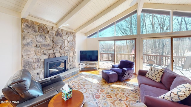 802 Rimrock Ct, Lords Valley, PA 18428 - living room with wood finished floors, a healthy amount of sunlight, beamed ceiling, and a stone fireplace