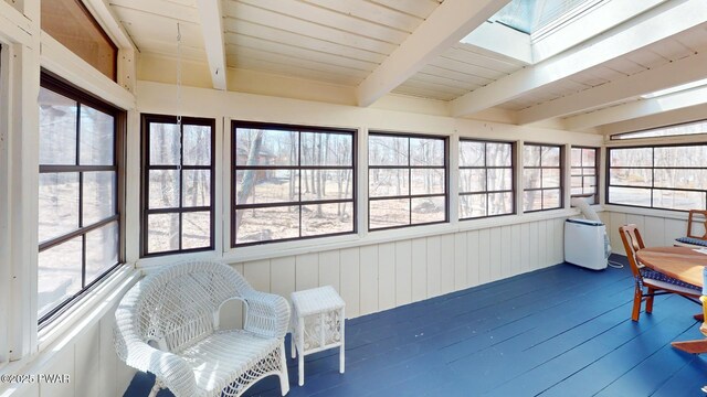 802 Rimrock Ct, Lords Valley, PA 18428 - sunroom / solarium featuring hardwood / wood-style floors, a healthy amount of sunlight, a skylight, and beam ceiling