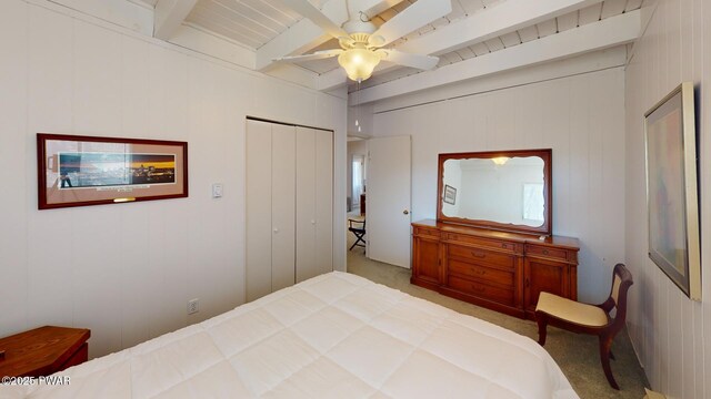 802 Rimrock Ct, Lords Valley, PA 18428 - carpeted bedroom with a ceiling fan, beam ceiling, and a closet