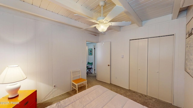 802 Rimrock Ct, Lords Valley, PA 18428 - carpeted bedroom with beamed ceiling, a closet, ceiling fan, and wood ceiling