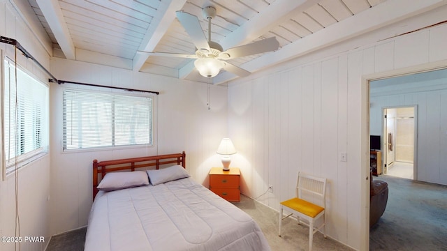 802 Rimrock Ct, Lords Valley, PA 18428 - bedroom featuring carpet floors, wooden ceiling, beam ceiling, and ceiling fan