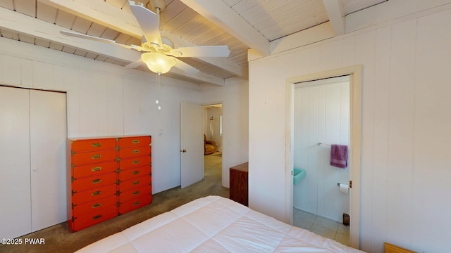 802 Rimrock Ct, Lords Valley, PA 18428 - bedroom featuring wooden ceiling, ceiling fan, carpet, and beam ceiling