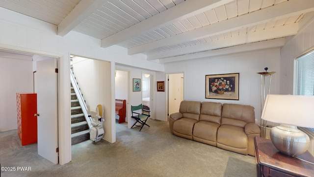 802 Rimrock Ct, Lords Valley, PA 18428 - carpeted living room featuring stairway and beam ceiling