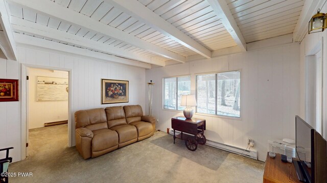 802 Rimrock Ct, Lords Valley, PA 18428 - carpeted living area featuring beamed ceiling, wood ceiling, and baseboard heating