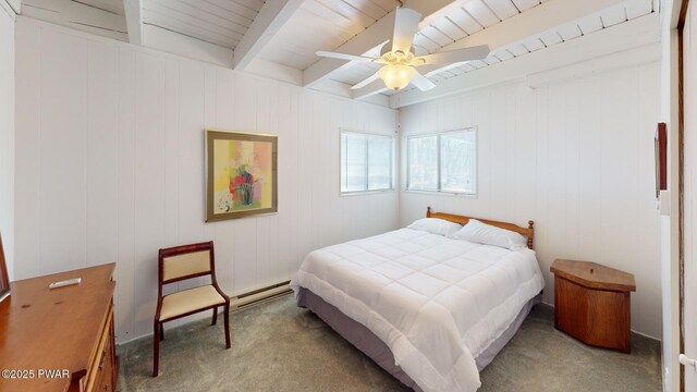 802 Rimrock Ct, Lords Valley, PA 18428 - bedroom with a baseboard radiator, carpet, beamed ceiling, and ceiling fan
