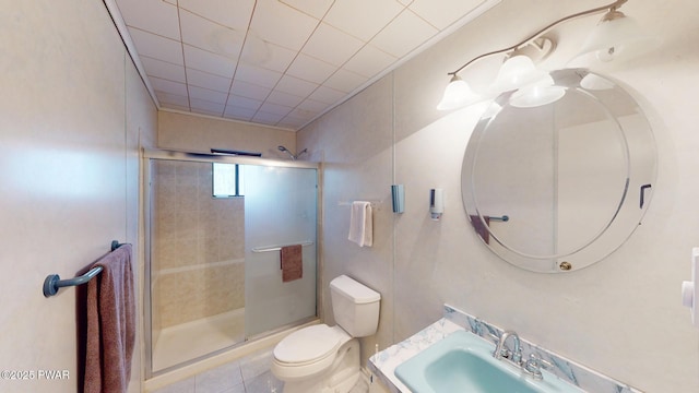 802 Rimrock Ct, Lords Valley, PA 18428 - bathroom featuring toilet, a stall shower, tile patterned floors, and vanity