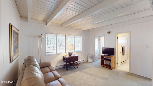 802 Rimrock Ct, Lords Valley, PA 18428 - living area featuring a baseboard radiator, wooden ceiling, beamed ceiling, and light colored carpet