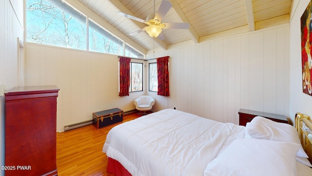 802 Rimrock Ct, Lords Valley, PA 18428 - bedroom with wood finished floors, wooden ceiling, ceiling fan, vaulted ceiling with beams, and baseboard heating