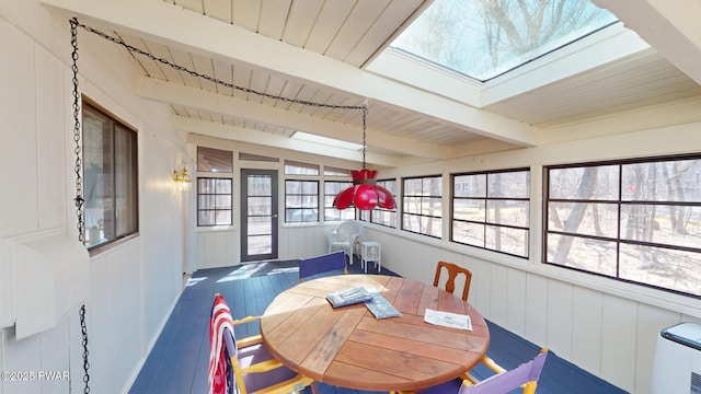 802 Rimrock Ct, Lords Valley, PA 18428 - sunroom with hardwood / wood-style floors, wooden ceiling, a skylight, and beam ceiling