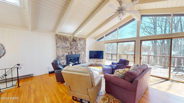 802 Rimrock Ct, Lords Valley, PA 18428 - living room featuring a fireplace, a wealth of natural light, beamed ceiling, and hardwood / wood-style flooring