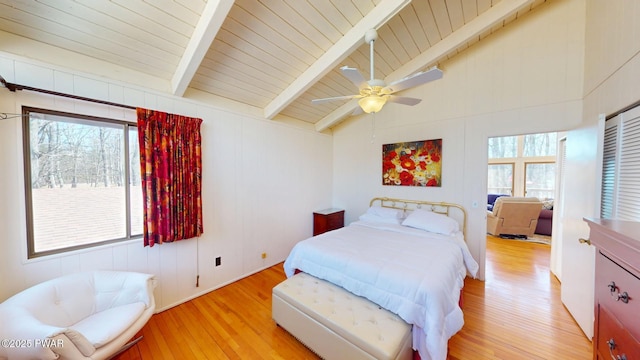 802 Rimrock Ct, Lords Valley, PA 18428 - bedroom with vaulted ceiling with beams, light wood-style flooring, ceiling fan, and wood ceiling