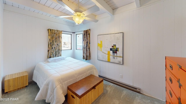 802 Rimrock Ct, Lords Valley, PA 18428 - bedroom with a baseboard radiator, a ceiling fan, carpet floors, and beamed ceiling