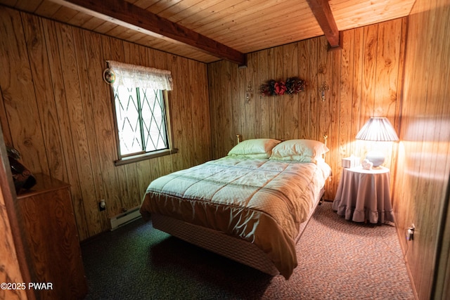 28 Lakewood Dr, Lake Ariel, PA 18436 - bedroom with a baseboard radiator, carpet flooring, wood walls, and a wooden ceiling with exposed beams