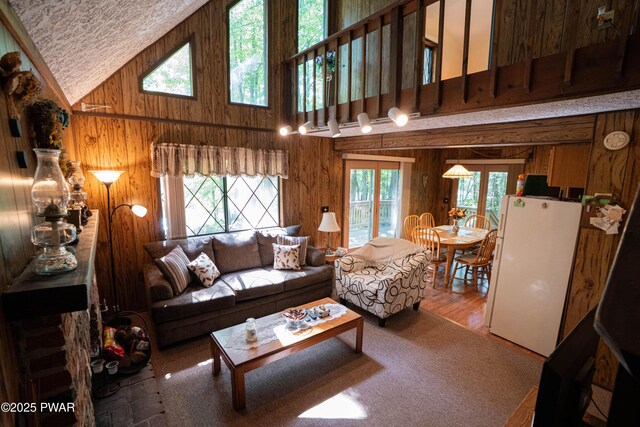 28 Lakewood Dr, Lake Ariel, PA 18436 - living room with high vaulted ceiling, wood walls, and wood finished floors