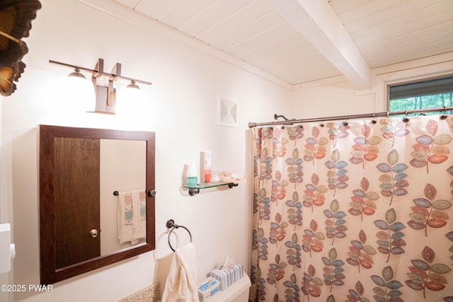 28 Lakewood Dr, Lake Ariel, PA 18436 - full bath featuring a shower with curtain and a wooden ceiling with exposed beams