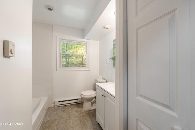 bathroom with vanity, toilet, and baseboard heating