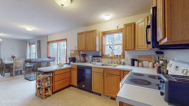 kitchen with kitchen peninsula, sink, and black appliances