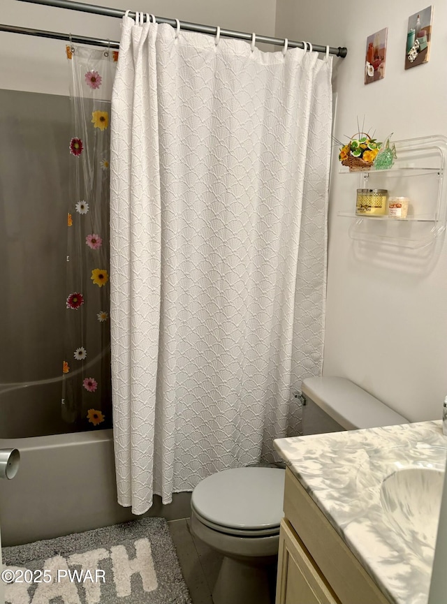 106 Keystone Ct, Dingmans Ferry, PA 18328 - full bathroom with vanity, toilet, shower / bath combination with curtain, and tile patterned floors