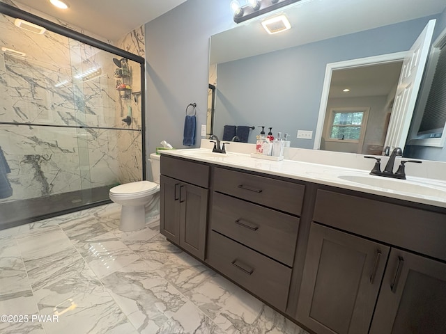 1006 Redlawn Ln, Lake Ariel, PA 18436 - full bath featuring a marble finish shower, double vanity, marble look tile flooring, and recessed lighting