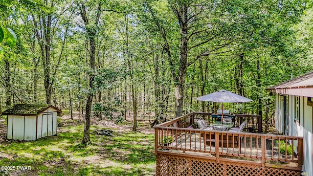 53 Windsor Rd, Hawley, PA 18428 - view of yard with a shed, a deck, outdoor dining space, and a view of trees