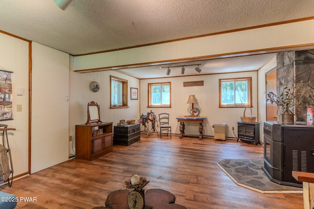 53 Windsor Rd, Hawley, PA 18428 - interior space featuring a wood stove, wood finished floors, ornamental molding, and a textured ceiling