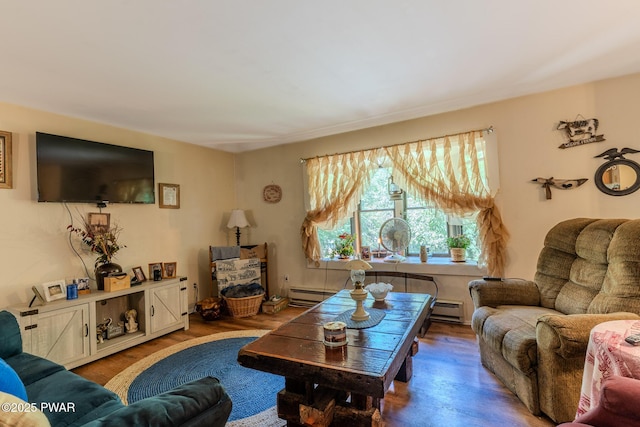 53 Windsor Rd, Hawley, PA 18428 - living area featuring a baseboard heating unit, wood finished floors, and a baseboard radiator