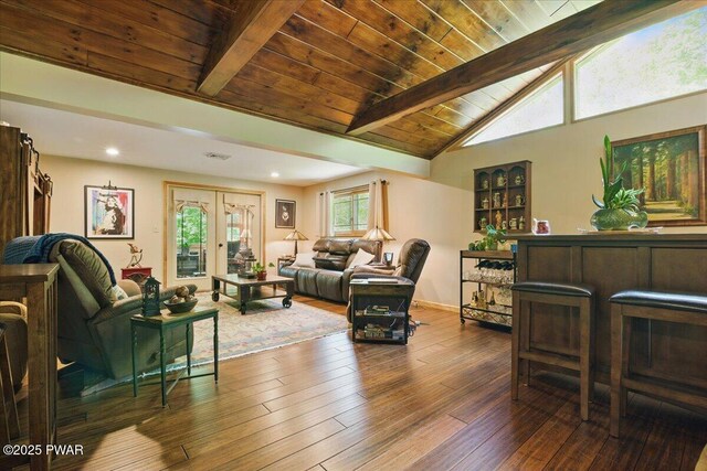 1057 K Ln, Gouldsboro, PA 18424 - living room featuring a dry bar, dark wood-style flooring, wood ceiling, and recessed lighting