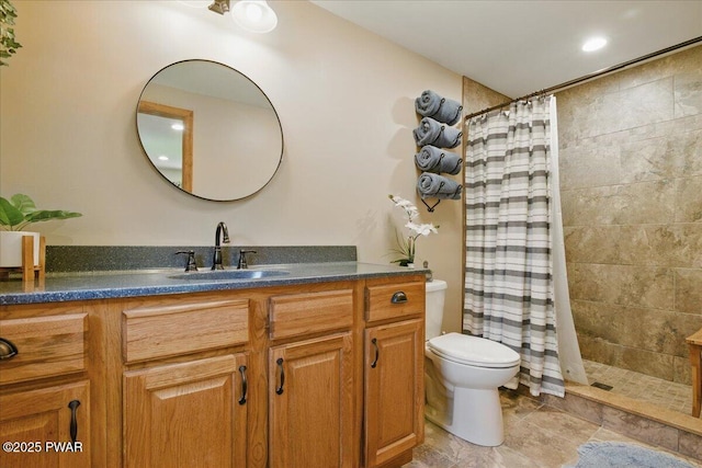 1057 K Ln, Gouldsboro, PA 18424 - full bathroom with toilet, a tile shower, vanity, tile patterned floors, and recessed lighting