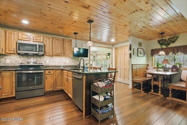 1057 K Ln, Gouldsboro, PA 18424 - kitchen with stainless steel appliances, a sink, a peninsula, hardwood / wood-style flooring, and wood ceiling
