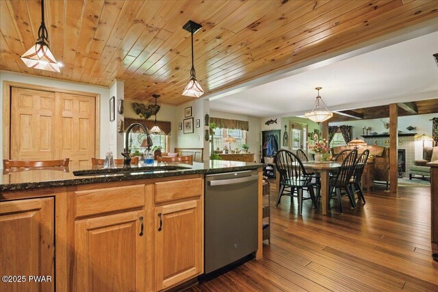 1057 K Ln, Gouldsboro, PA 18424 - kitchen featuring stainless steel dishwasher, a sink, dark wood finished floors, decorative light fixtures, and wood ceiling