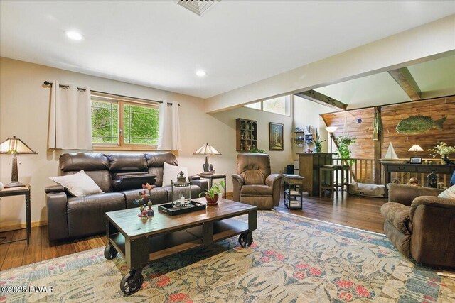 1057 K Ln, Gouldsboro, PA 18424 - living room featuring wood finished floors, recessed lighting, beamed ceiling, and wooden walls