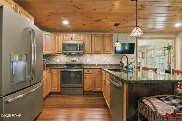 1057 K Ln, Gouldsboro, PA 18424 - kitchen with appliances with stainless steel finishes, a sink, wooden ceiling, dark wood finished floors, and a peninsula