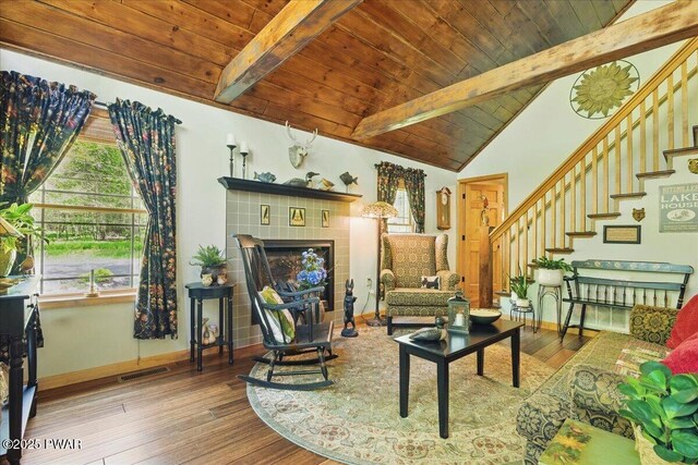 1057 K Ln, Gouldsboro, PA 18424 - living area featuring wood ceiling, wood finished floors, stairway, and baseboards