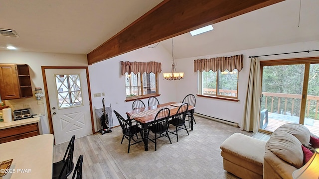 dining area featuring visible vents, vaulted ceiling with beams, light wood-style flooring, an inviting chandelier, and a baseboard radiator