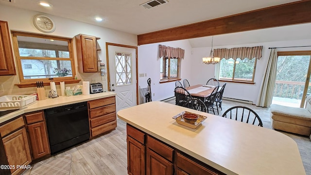 kitchen featuring visible vents, beamed ceiling, light countertops, baseboard heating, and dishwasher