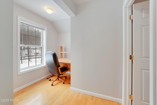 129 Lakewood Dr, Dingmans Ferry, PA 18328 - office area featuring wood finished floors and lofted ceiling